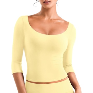 image:imageYEOREO Ease Womens 34 Sleeve Tops Workout Yoga Shirts  Double Lined Scoop Neck Slim Fit Soft Breathable Gym RunningCreamy Yellow