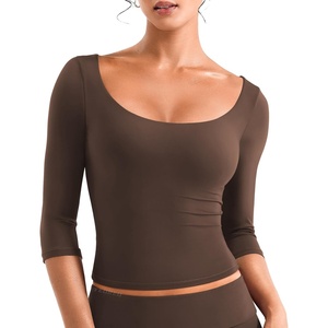 image:imageYEOREO Ease Womens 34 Sleeve Tops Workout Yoga Shirts  Double Lined Scoop Neck Slim Fit Soft Breathable Gym RunningDark Brown