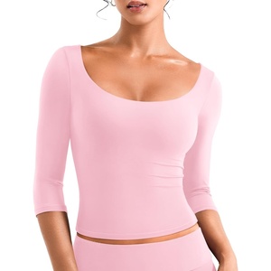 image:imageYEOREO Ease Womens 34 Sleeve Tops Workout Yoga Shirts  Double Lined Scoop Neck Slim Fit Soft Breathable Gym RunningPink Lemonade