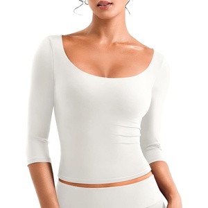 image:imageYEOREO Ease Womens 34 Sleeve Tops Workout Yoga Shirts  Double Lined Scoop Neck Slim Fit Soft Breathable Gym RunningWhite